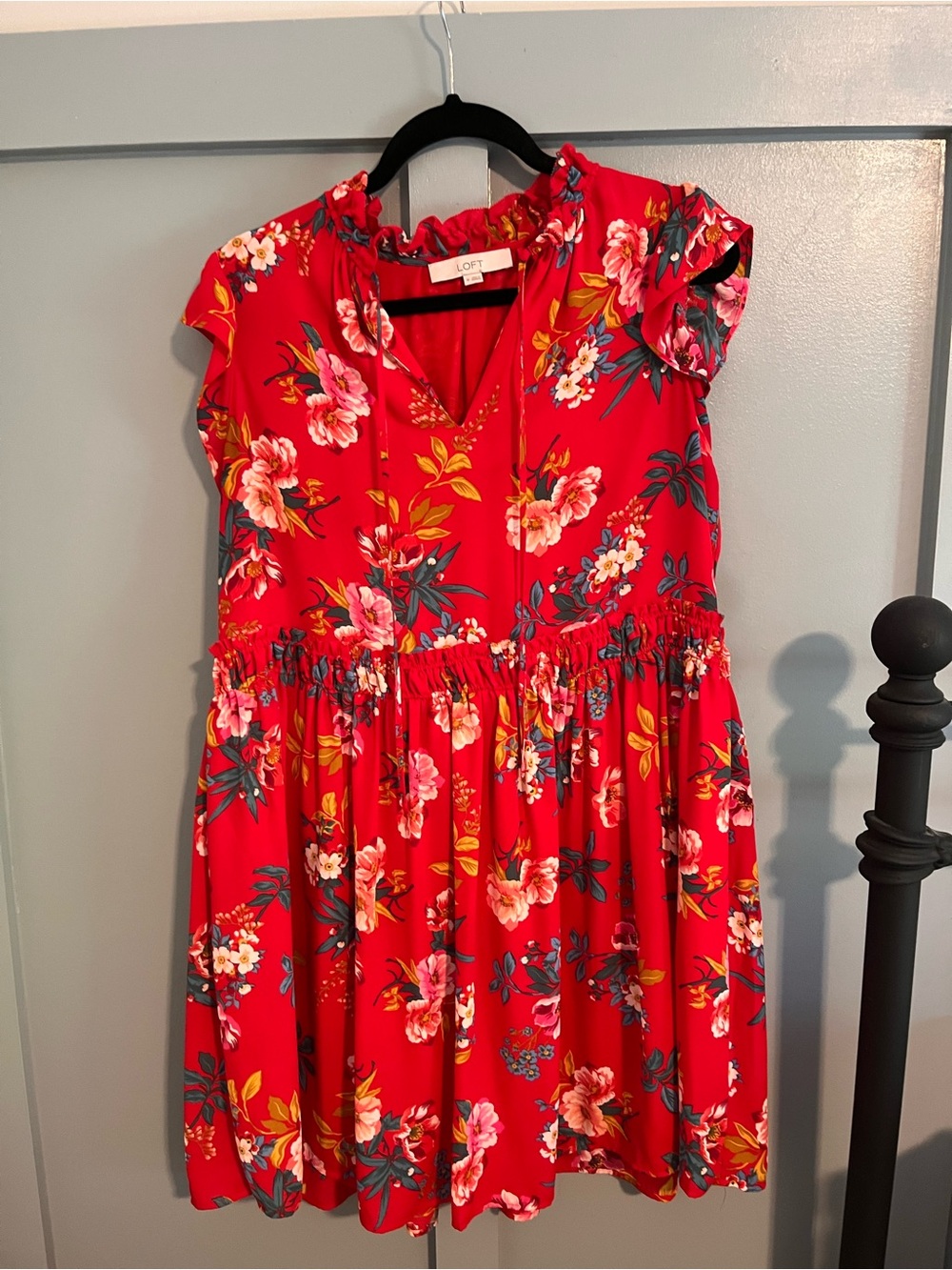 LOFT Red Floral Ruffle-Smock Mini Dress